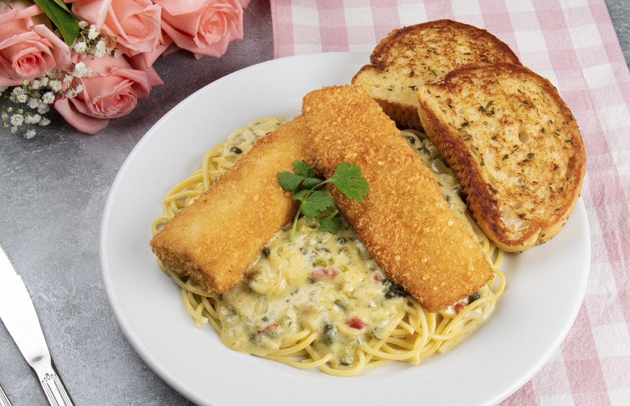 Parmesan Crusted Mahi with Creamy Butter Caper Sauce over Spaghetti